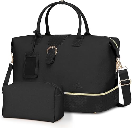Leather Weekender Bags for Women, Travel Duffel Bag PU Overnight Bag Carry On Tote Bag with Shoe Compartment Wet Pocket, Black, X Large, Simple and Stylish