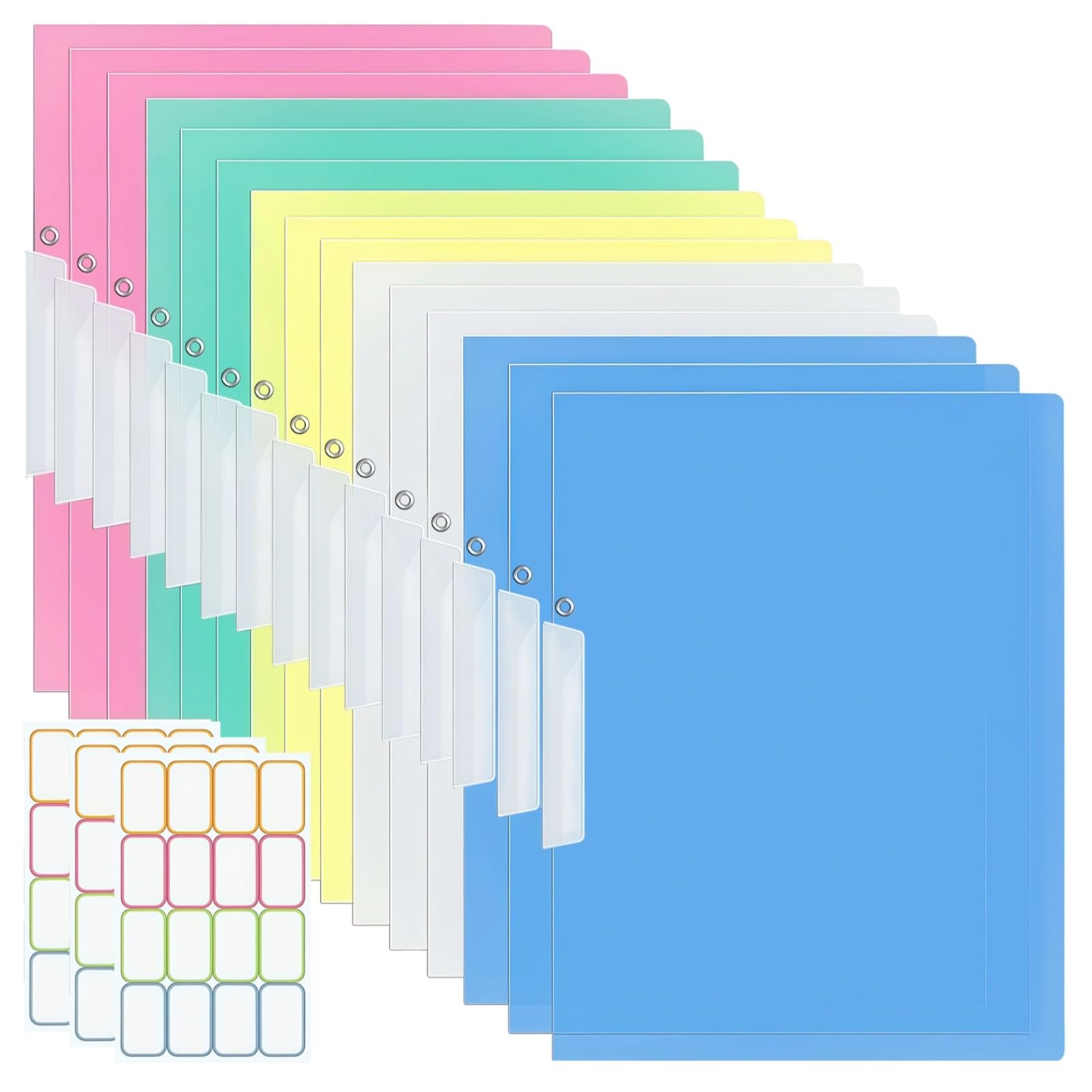 15 Stk. A4 Ordner mit seitlicher Öffnung, Kunststoff für Dokumentenorganisation, farbiges Set in Blau, Rosa, Gelb, Grün, Weiß, mit Registerreitern, zum schnellen Sortieren im Büro und zu Hause