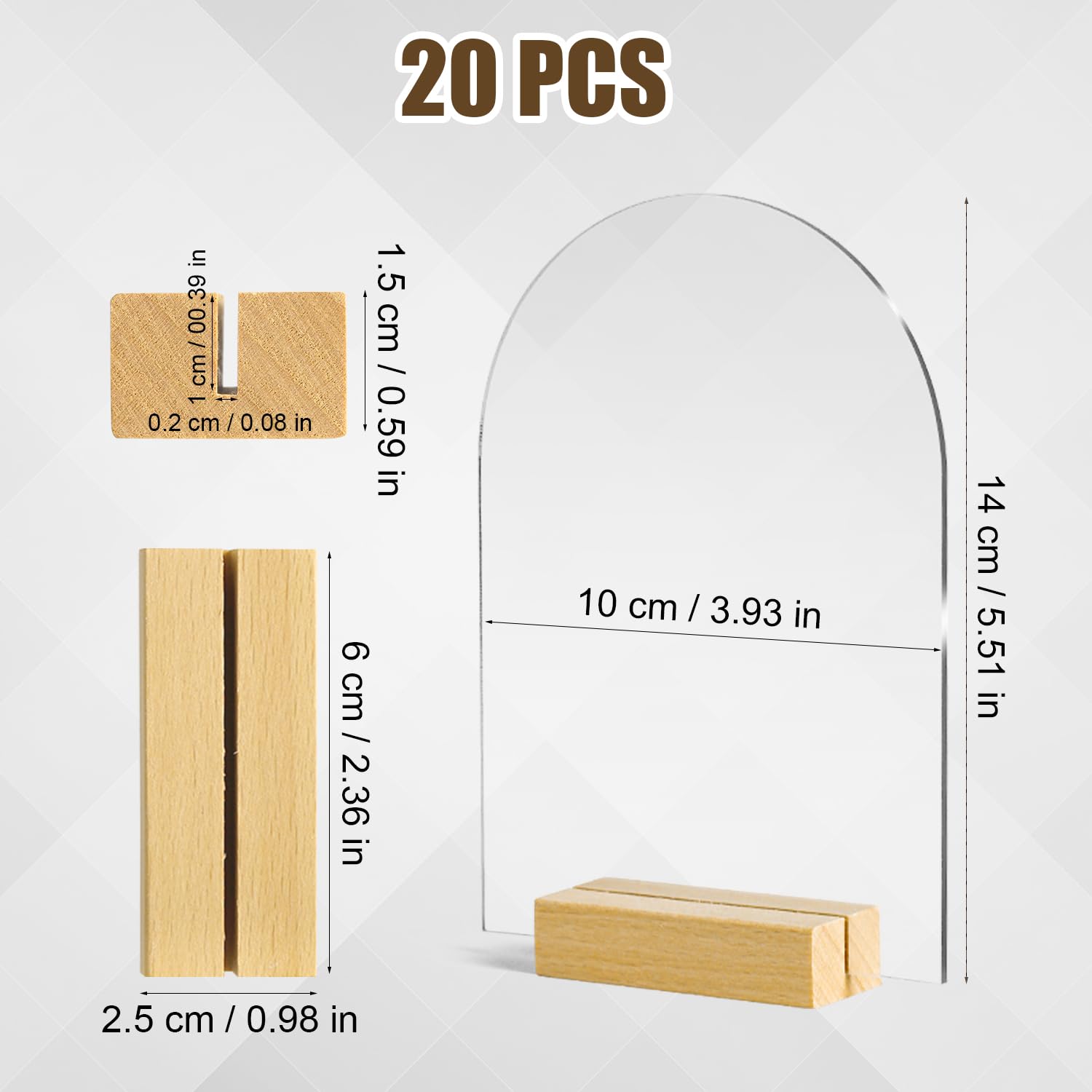NQEUEPN 20 Panneaux Acryliques Transparents avec Supports en Bois, Dôme Arqué de 14x10cm, Panneau de Table Présentoir de Table Numéros de DIY pour Décoration de Mariage Événement Fête