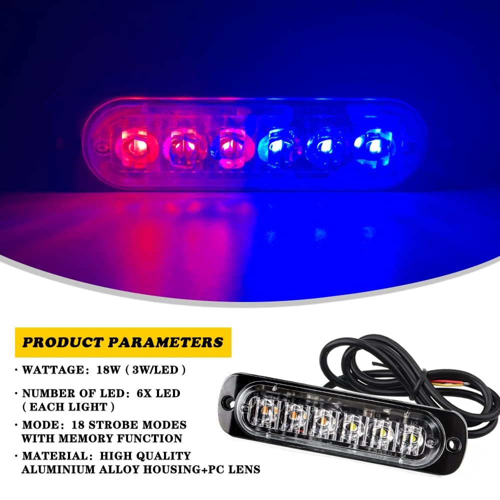 10pcs 6LED Rojo+Azul Luz de Advertencia Super Brillante Barra De Luz Estroboscópica 18 Modo Flash Para Coche Camión Pickup SUV Off Road Coche De Policía 12-24V
