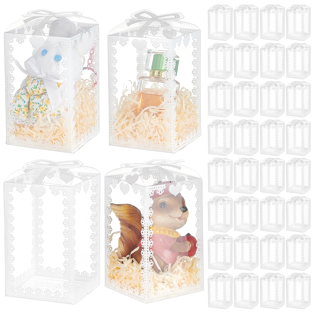 BENECREAT 50 Pack Transparent PVC Gift Boxes with Bowknot, 14x9x9cm/5.51x3.54x3.54 Inch Clear Wedding Favor Boxes, Foldable Party Favor Box for Wedding Party Packaging