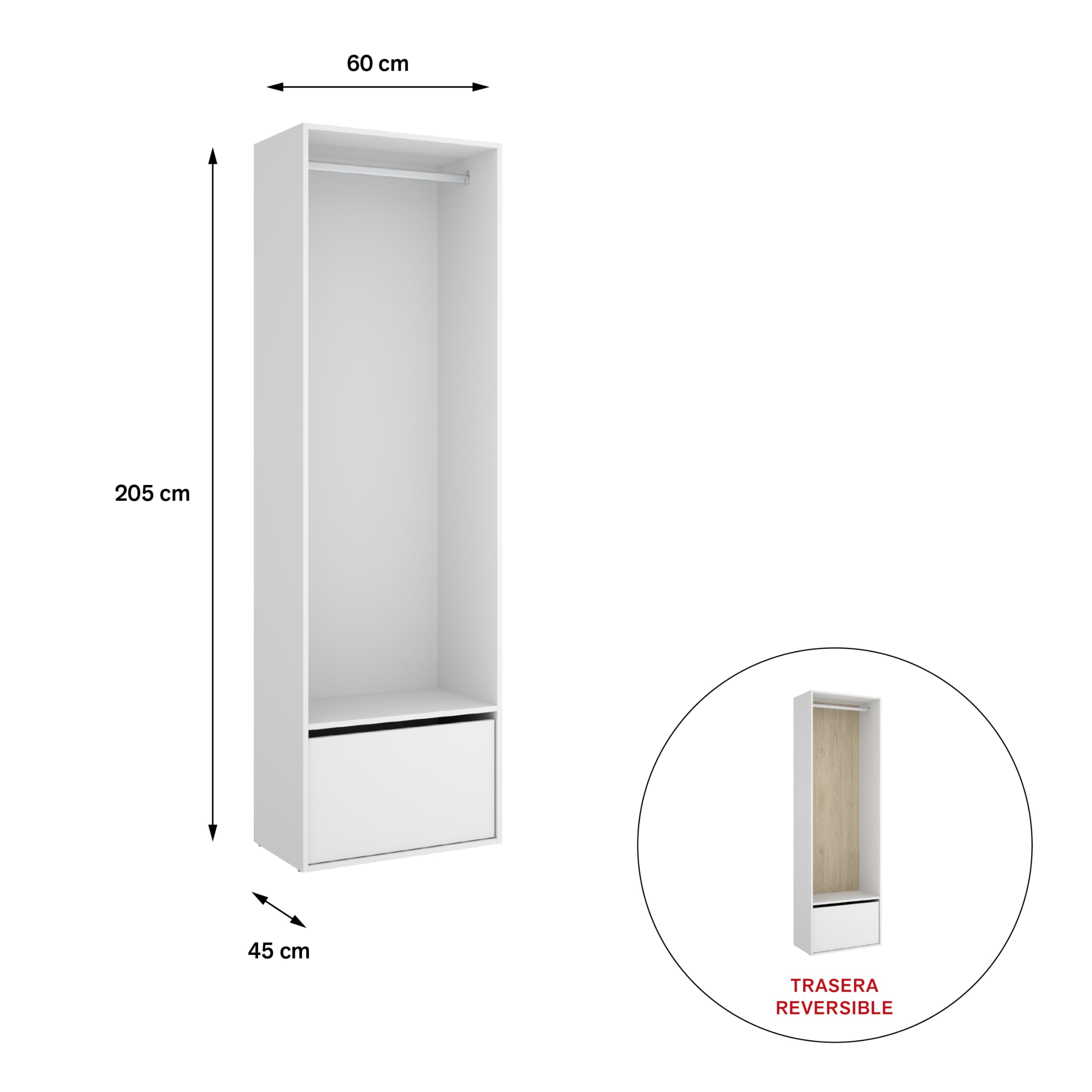 DEKIT GRUPO RIMOBEL SUIT - Armario-vestidor con zapatero y con trasera reversible - BLANCO/NATURAL - 205 x 60 x 45