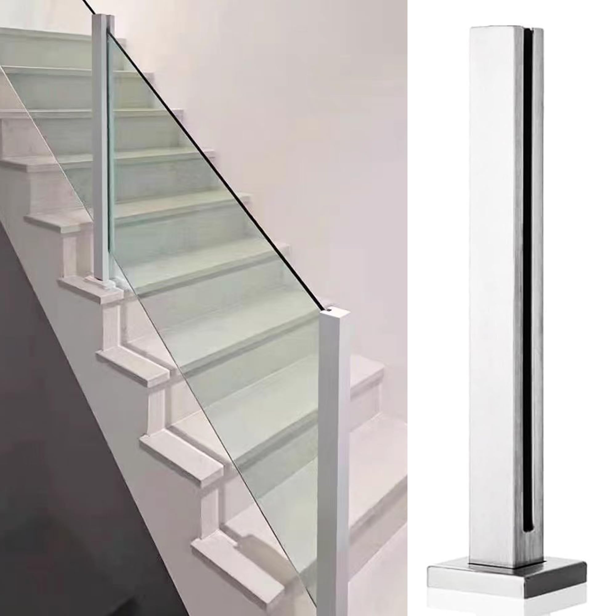 Stainless Steel 304 Glass Stair Railing Post System - 2 PCS End Posts with Rubbers, Suitable for 10-12mm Glass, 65cm Metal Balustrade (Silvery)