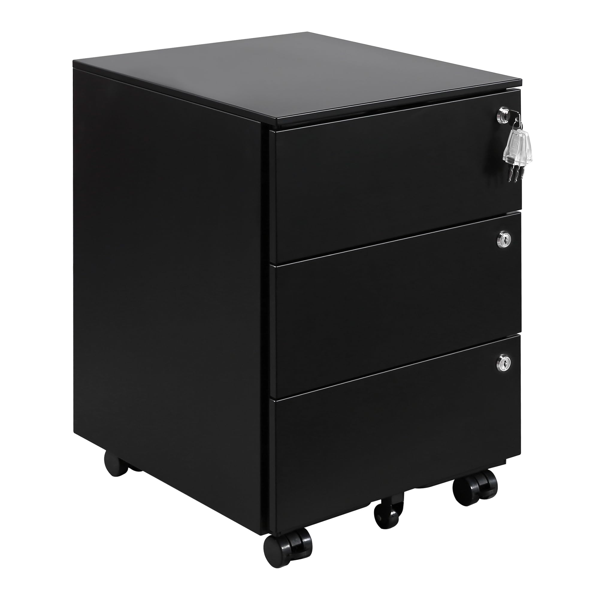 Caisson de Bureau, Meuble de Rangement Bureau, avec 3 Serrures, 4 Clés, Caisson à Tiroirs, 3 Tiroirs, Armoire Métallique, Prémonté, Noir