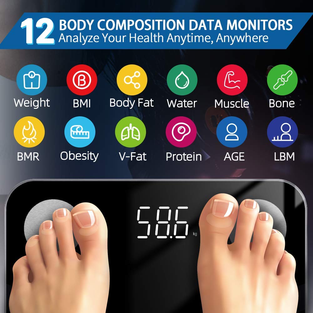 Bluetooth Body Fat Scale, OWEILAN Digital Bathroom Wireless Weight Scale, Body Composition Monitor Health Analyzer with Smartphone App, Scales for Body Weight with 12 Measurements, Black : Health & Household