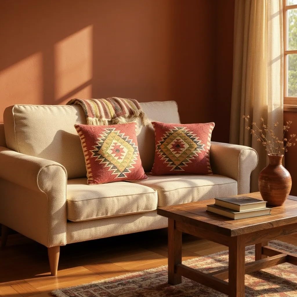 Handwoven Kilim Cushion Cover 18x18 Set of 2 – Ethnic Wool & Jute Boho Throw Pillow Covers, Rustic Decorative Square Pillowcases for Couch, Living Room & Farmhouse Home Decor