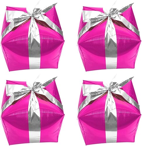Miniatura 7 de Deermon Caja de regalo rosa con forma de cubo de Navidad, globo de fiesta con cinta plateada, caja de regalo cuadrada, cubo de Mylar decoración de