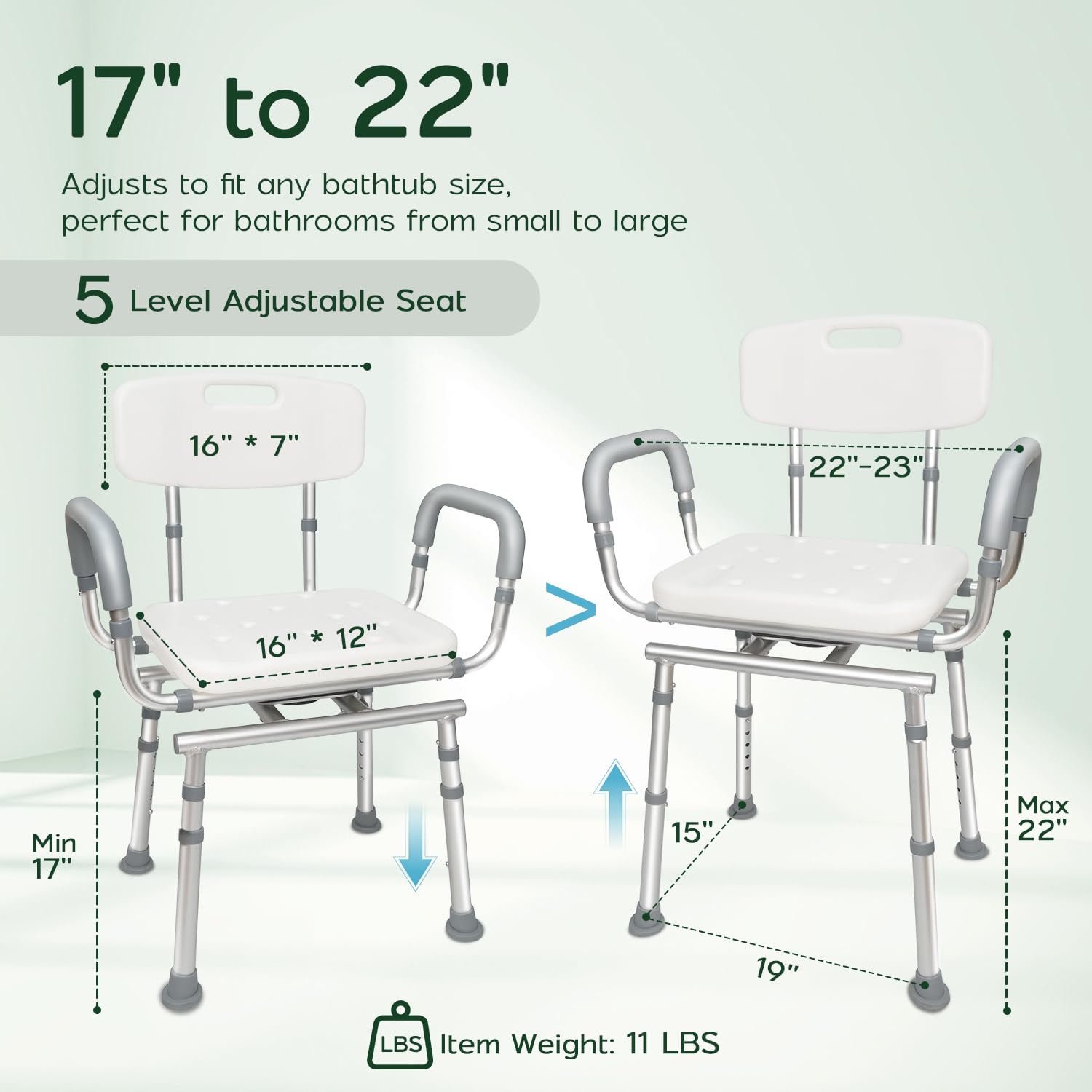 Agrish Silla de Ducha Giratoria 360° con Respaldo y Brazos Extraíbles | Altura regulable, base antideslizante y capacidad de 204 kg; ideal para mayores y personas con movilidad reducida