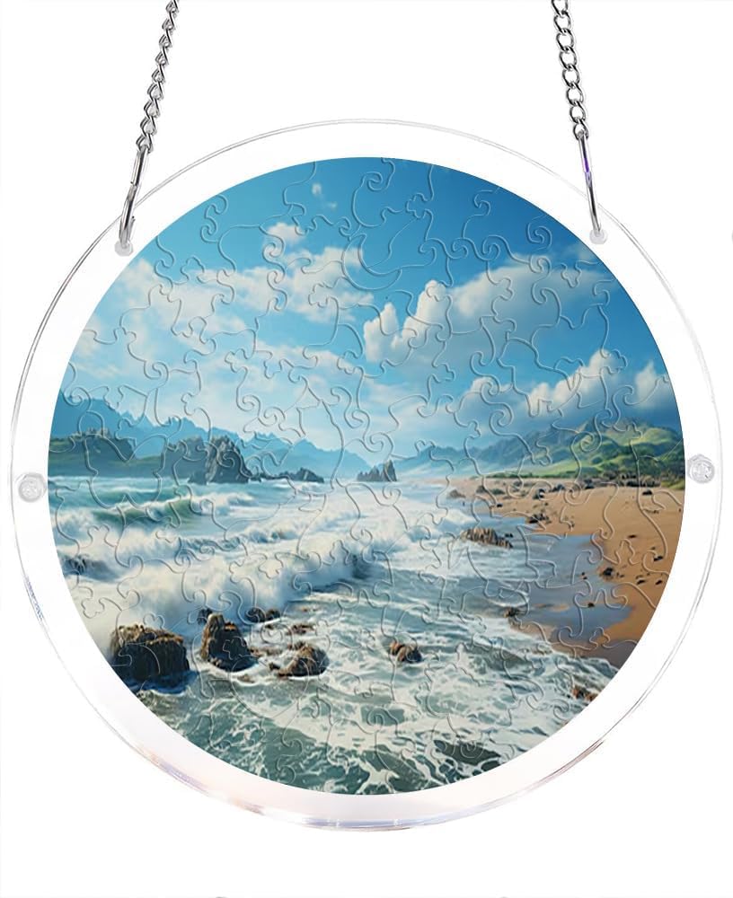 Ocean Waves Beach Landscape Acrylic Jigsaw Puzzles Suncatcher, 8.2 Inch Window Hanging Suncatcher Acrylic Puzzle, DIY Home Decor Art Gift