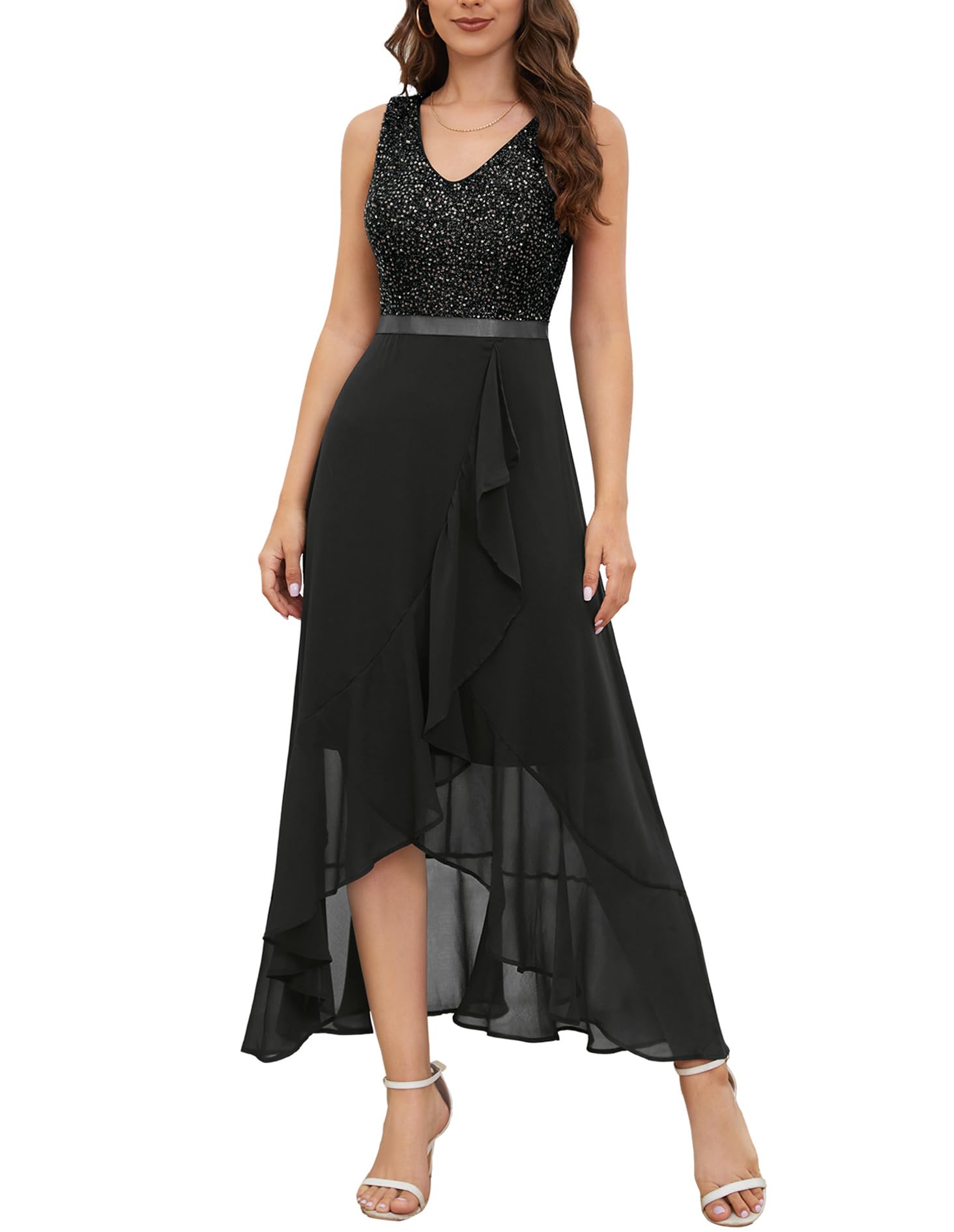 Berylove Cocktailjurk voor dames, vierkante hals, feestelijke avondjurk, lange glitterjurk, galajurk met mouwen, jurk voor bruiloftsgast, Donkerblauw, M