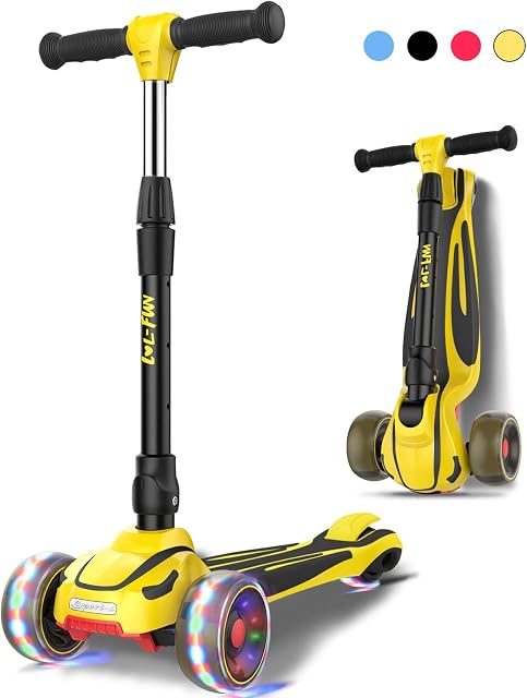 LOL-FUN 3 Wheel Toddler Scooter for Kids Ages 3-12 Years Old Boy Girl with 4 Adjustable Height, Extra-Wide Childrens Foldable Kick Scooter Kids Ages 6-12 with Lean-to-Steer and LED Flashing Wheels