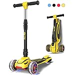 LOL-FUN Scooter for Kids Ages 3-5 Years Old Boy Girl with 3 Wheels, Extra-Wide Children Foldable Kick Scooter Kids Ages 6-12 Toddler with 4 Adjustable Height and Lean-to-Steer - Austin Yellow