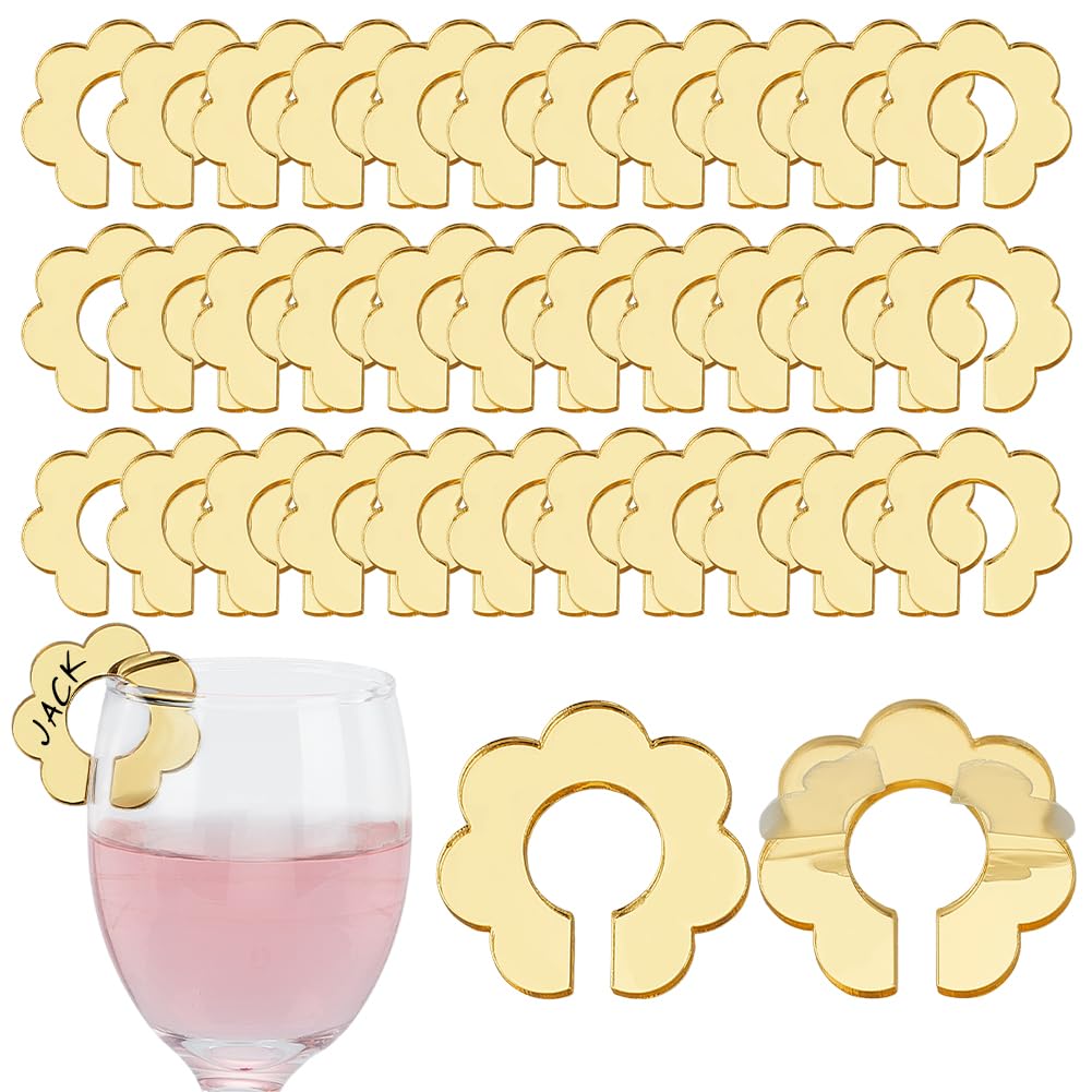 FINGERINSPIRE 36 Pcs Daisy Acrylic Wine Glass Markers 1.34inch Gold Mirrored Drink Glass Charms Flower Blank Wine Glass Tags Party Drink Decor for Weeding, Baby Shower, Birthday, Halloween, Christmas