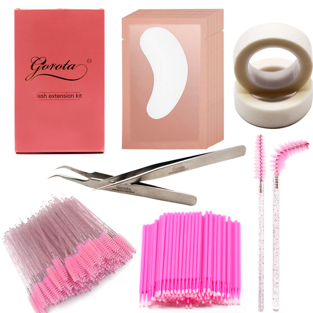 GOROTA Eyelash Extension Supplies,Lash Extension Supplies Tweezers Set,100 Micro Applicators Brush,50 Disposable Mascara Brushes Wands,50 Pairs Under Eye Gel Pads,2 Tapes,for Makeup and Eyelash Graft
