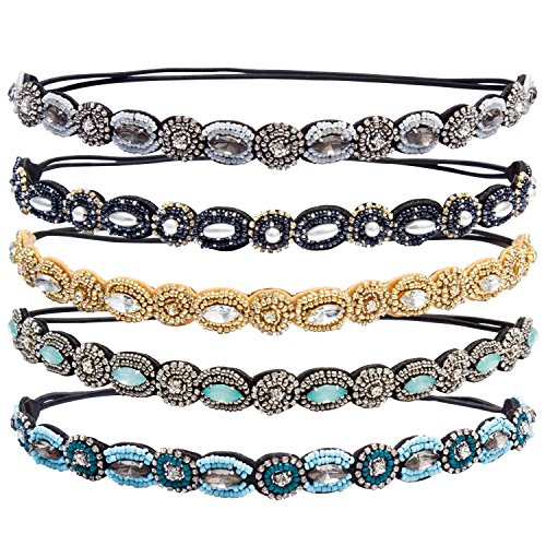Hapdoo 5 Pack Rhinestone Beaded Elastic Headband Handmade Hair Bands Woman Hair Accessories, 5 Pieces