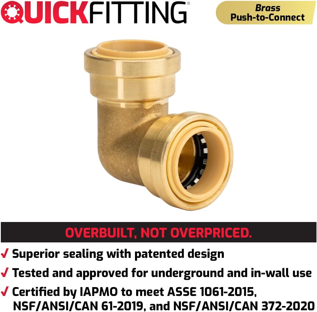 QuickFitting 1 Inch 90 Degree Elbow, Push to Connect Brass Plumbing Fitting with Slip Clip Disconnect Tool, for Copper, PEX and CPVC, 2 Pack