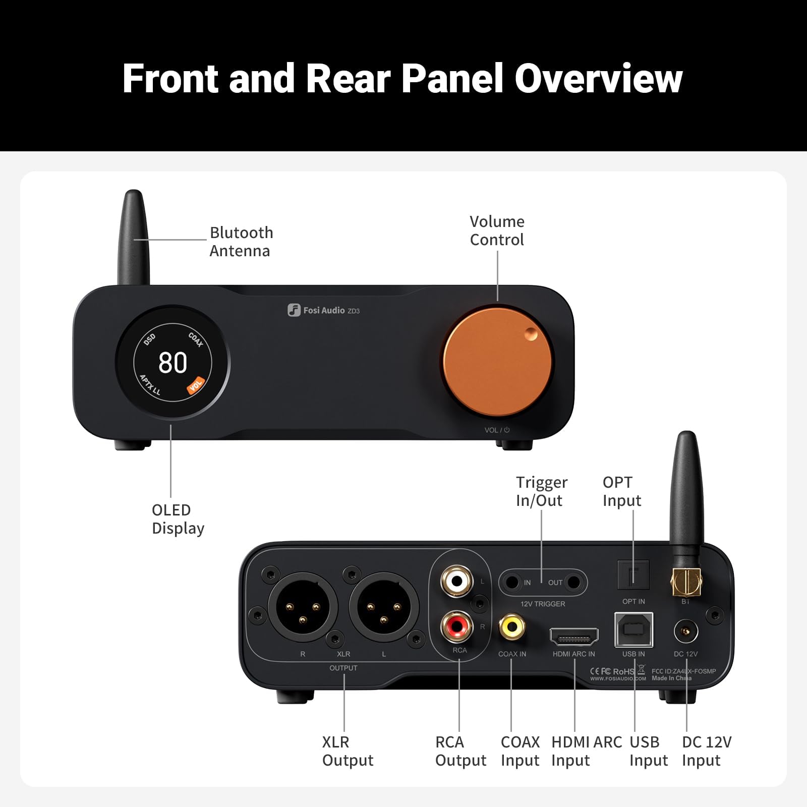 Fosi Audio ZD3 Préamplificateur de Bureau DAC Entièrement équilibré avec Amplificateur Stéréo Domestique ES9039Q2M, Bluetooth/USB/Optique/Coaxial/TV Entrée HDMI Arc, Sortie XLR/RCA avec Télécommande