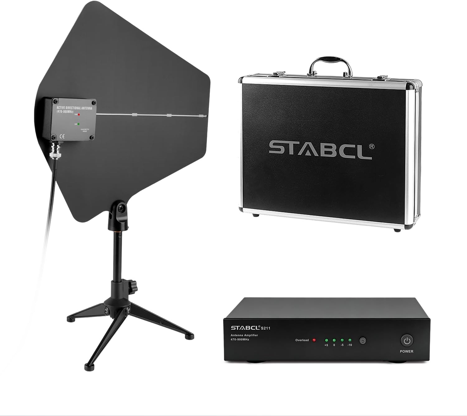 UHF Antenna Distribution System Bundle with Carry Case, Active Directional Receivers with 4 Outputs + 1 Cascade Ports, Power Distribution System for Wireless Microphone with Antenna Paddle