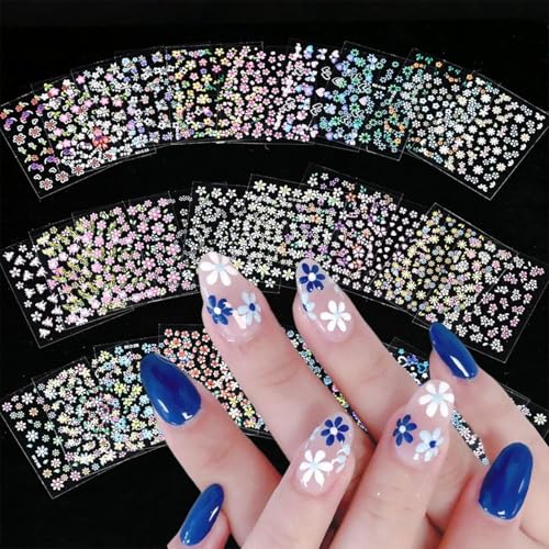 Bkemkri 30 Hojas Pegatinas para Uñas Adhesivas Flores Margaritas Autoadesiva Nail Art Stickers Decoración 3D Relieve Diseño DIY Flor Bonitas Lindas Kawaii Calcomanías para Mujeres Niñas Niños