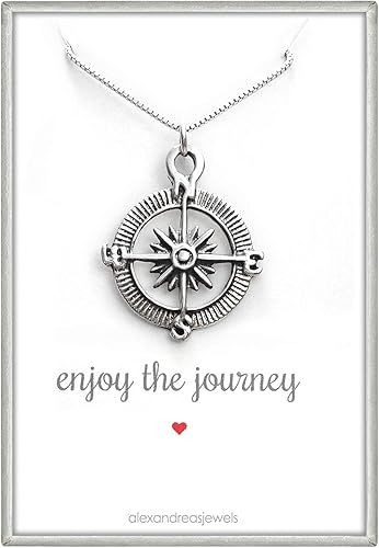 Miniatura 1 de Compass Necklace Sterling Silver, Enjoy the Journey, Travel Necklace, Graduation Gift Necklace,18 Inches