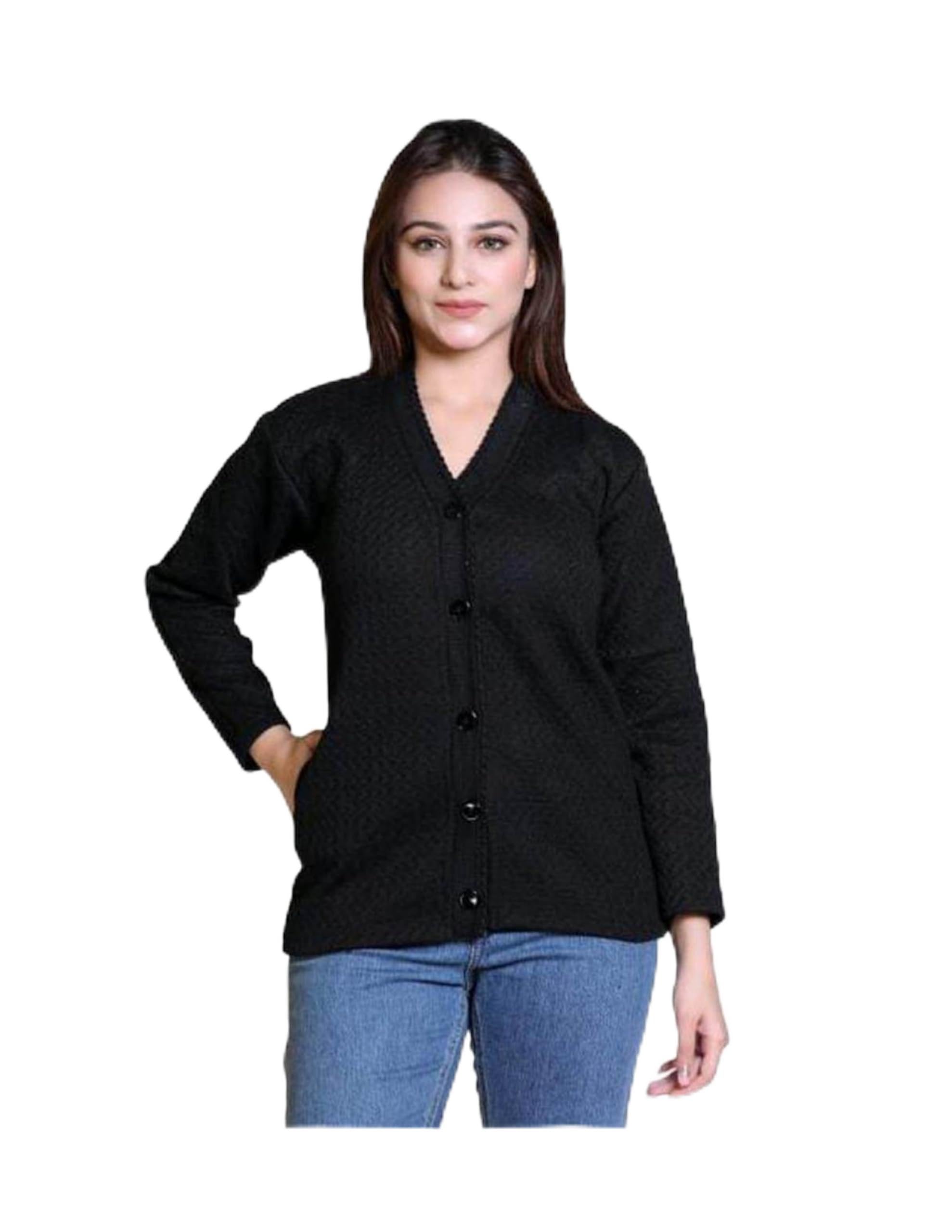 Women's Black Button-Front Cardigan, Long Sleeve, V-Neck, Textured Knit with Pockets-image-29