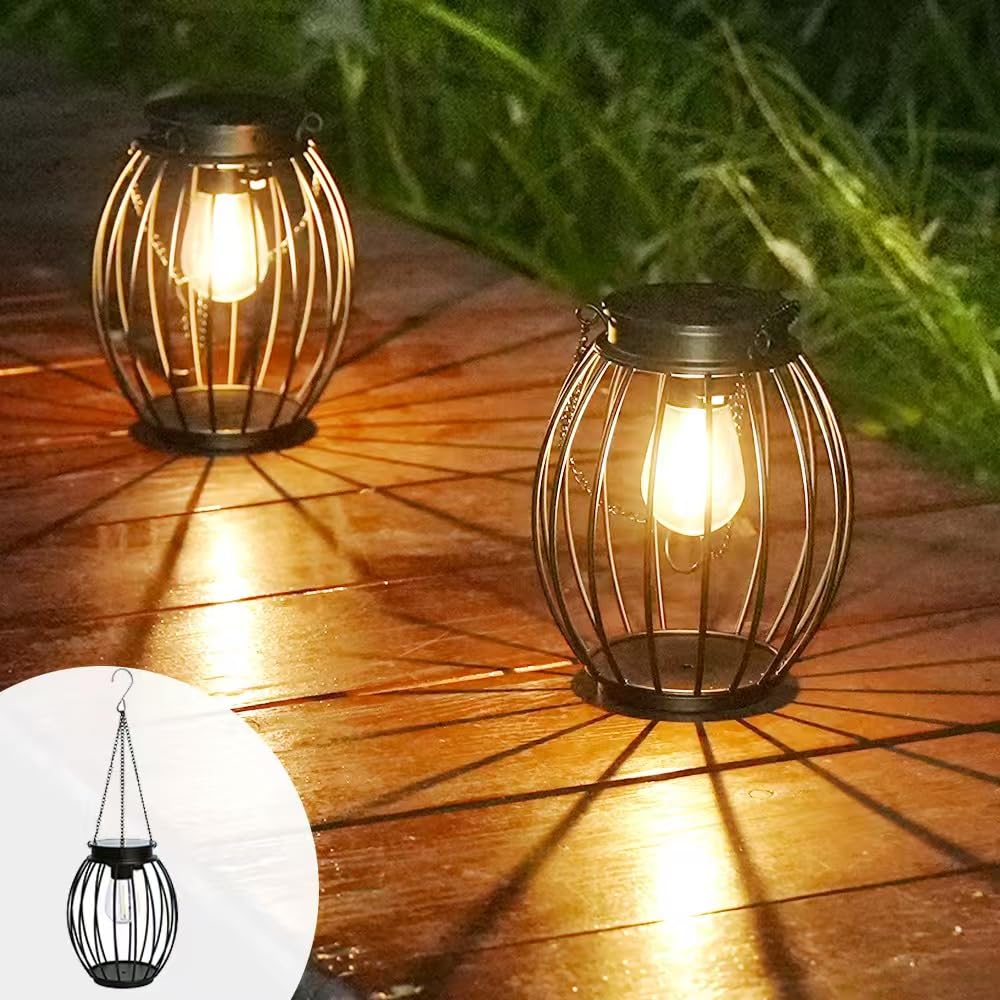 FREEPOWER 2 lanterne solari impermeabili, LED, illuminazione da giardino, lanterna sospesa/in piedi, metallo, luce bianca calda, grande, 18 cm