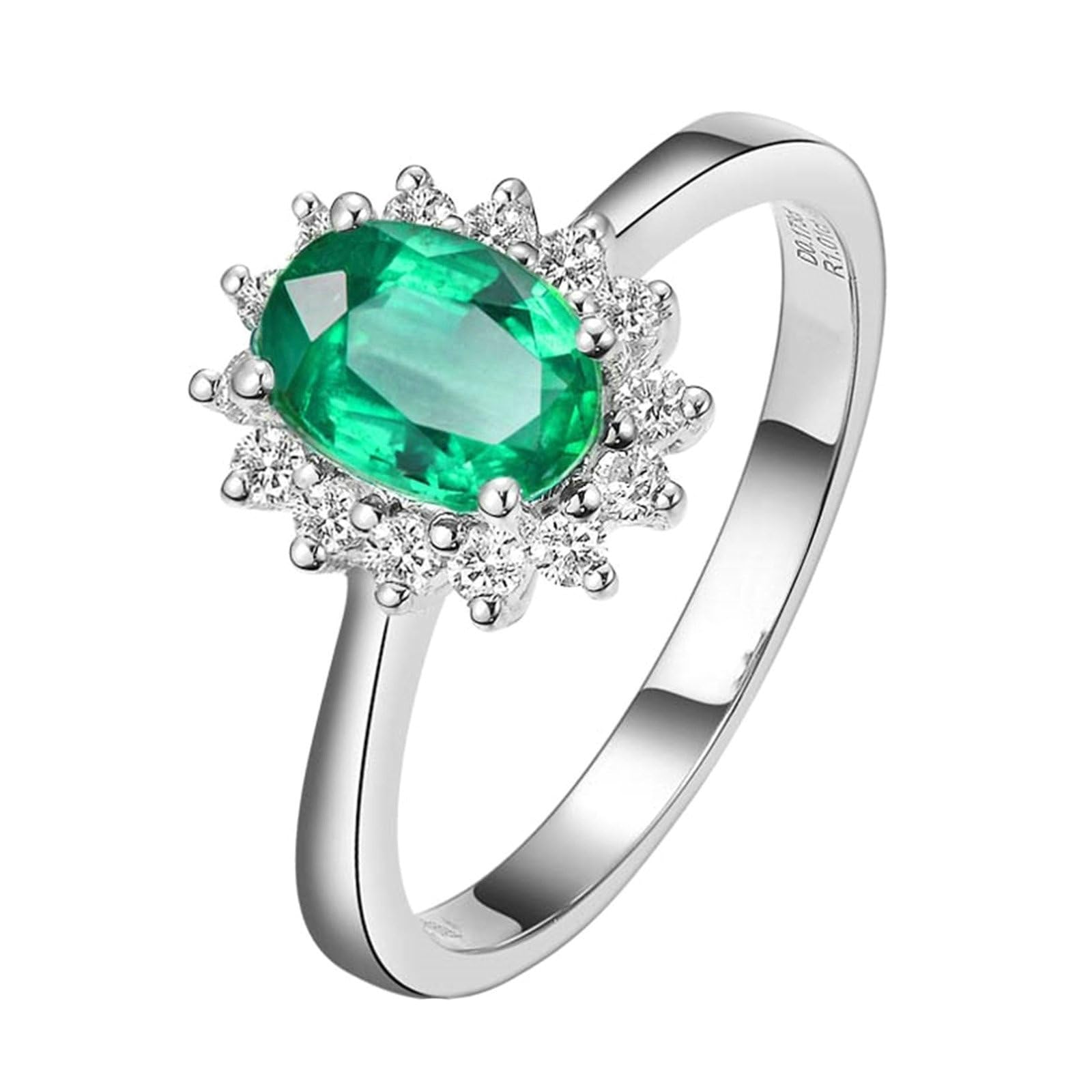 Anelli di Matrimonio Oro Bianco 14K, Anello Donna Fidanzamento Classico Fiore 0.45ct-1.3ct Ovale Smeraldo Sintetico e Moissanite Anello per Fidanzata, Sposa Oro Bianco