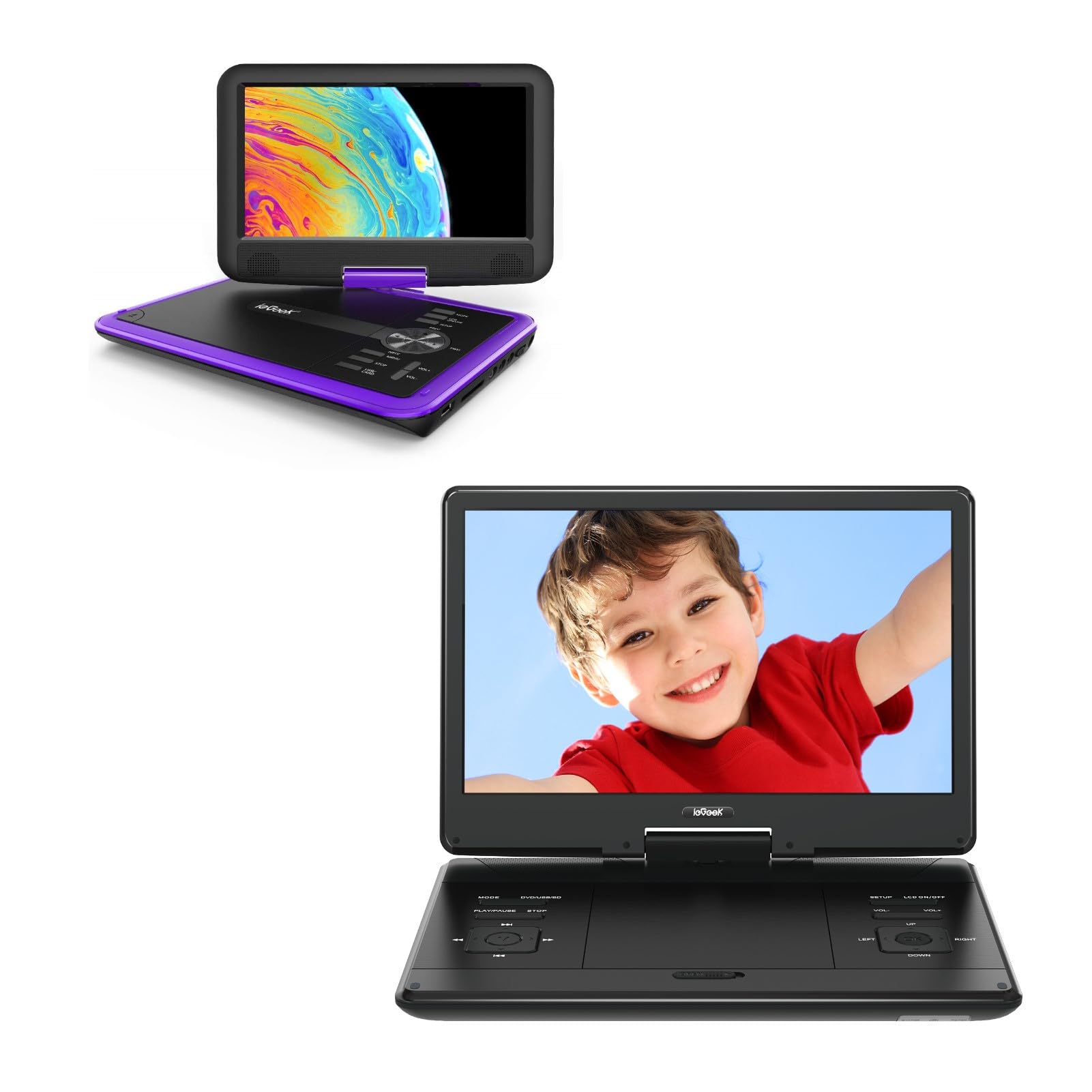 15.9 '' ieGeek Black Portable DVD Player and 11.5" ieGeek Purple Portable DVD Player