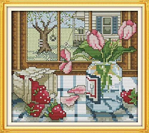 Cross Stitch Kits Stamped, OWN4B The Spring Outside The Window Printed Pattern 11CT 10.2x9.4 inch DIY Embroidery Kit (Spring)