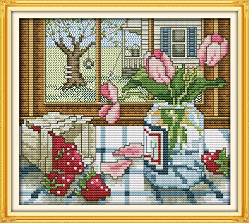 Cross Stitch Kits Stamped, Own4B The Spring Outside The Window Printed Pattern 11Ct 10.2X9.4 Inch Diy Embroidery Kit (Spring) #TOP19