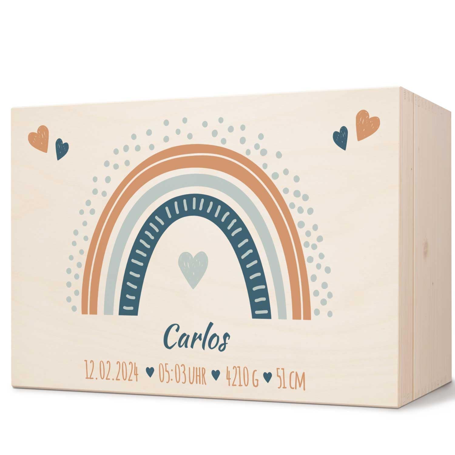 GRAVURZEILE Personalisierte Erinnerungskiste für Babys - Regenbogen Blau - Personalisiert mit Name & Datum - Holzkiste für Mädchen & Jungen - Geschenk fürs Baby zur Geburt - Erinnerungsbox