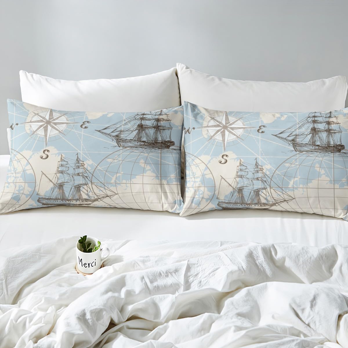 Erosebridal Nautical Fitted Sheet, World Map Bottom Sheet for Kids Boys Girls Teens, Sailing Boat Yacht Top Sheet, Retro Compass Bedding Set Soft Mattress 2Pcs Twin Size