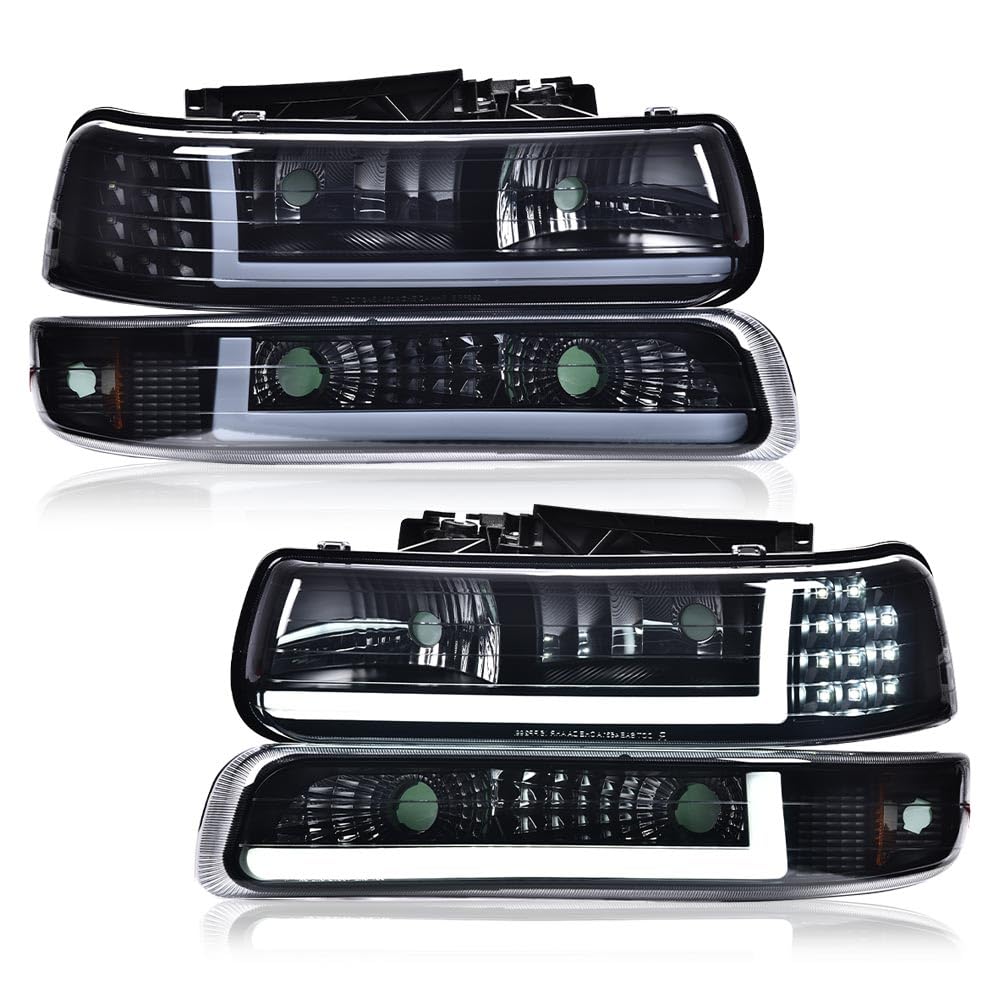 CHEDA LED DRL Headlight Assembly Lamp Left+Right Sides Compatible With Chevy Silverado 1500 1999-2002 / Suburban 1500 2000-2006 Smoky lens Black Housing Amber Reflector Faros Conjunto De Faros