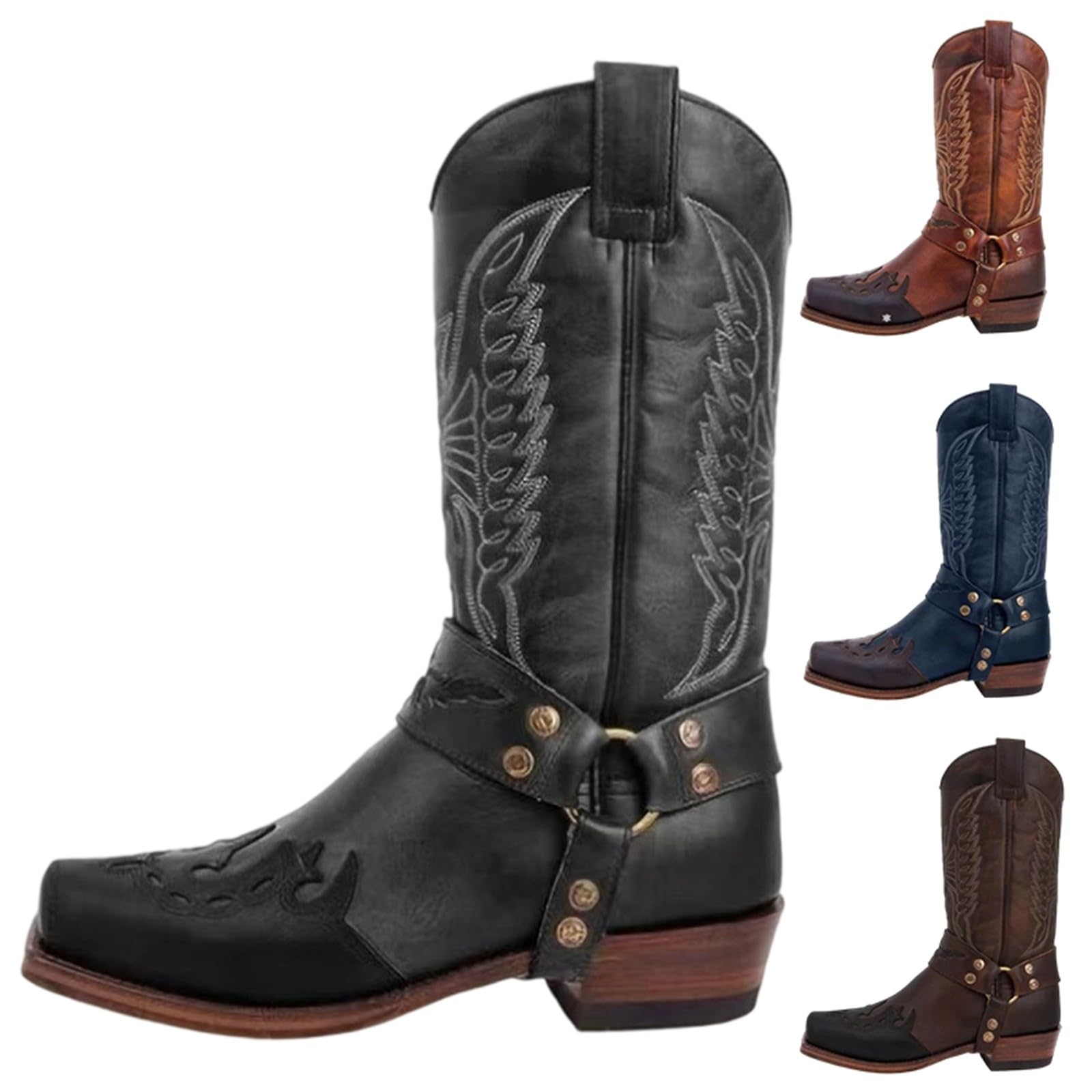 Generisch Stivali da cowboy da uomo, in pelle, stile western, classici, medievali, da equitazione, con fibbia alta, stivali da moto, stivali Chelsea