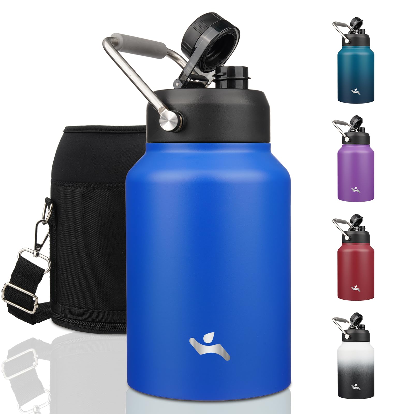 Konokyo Half Gallon Jug with Handle,64 oz Insulated Water Bottle with Carrying Pouch,Double Wall Vacuum Stainless Steel Metal Bottle,Blue