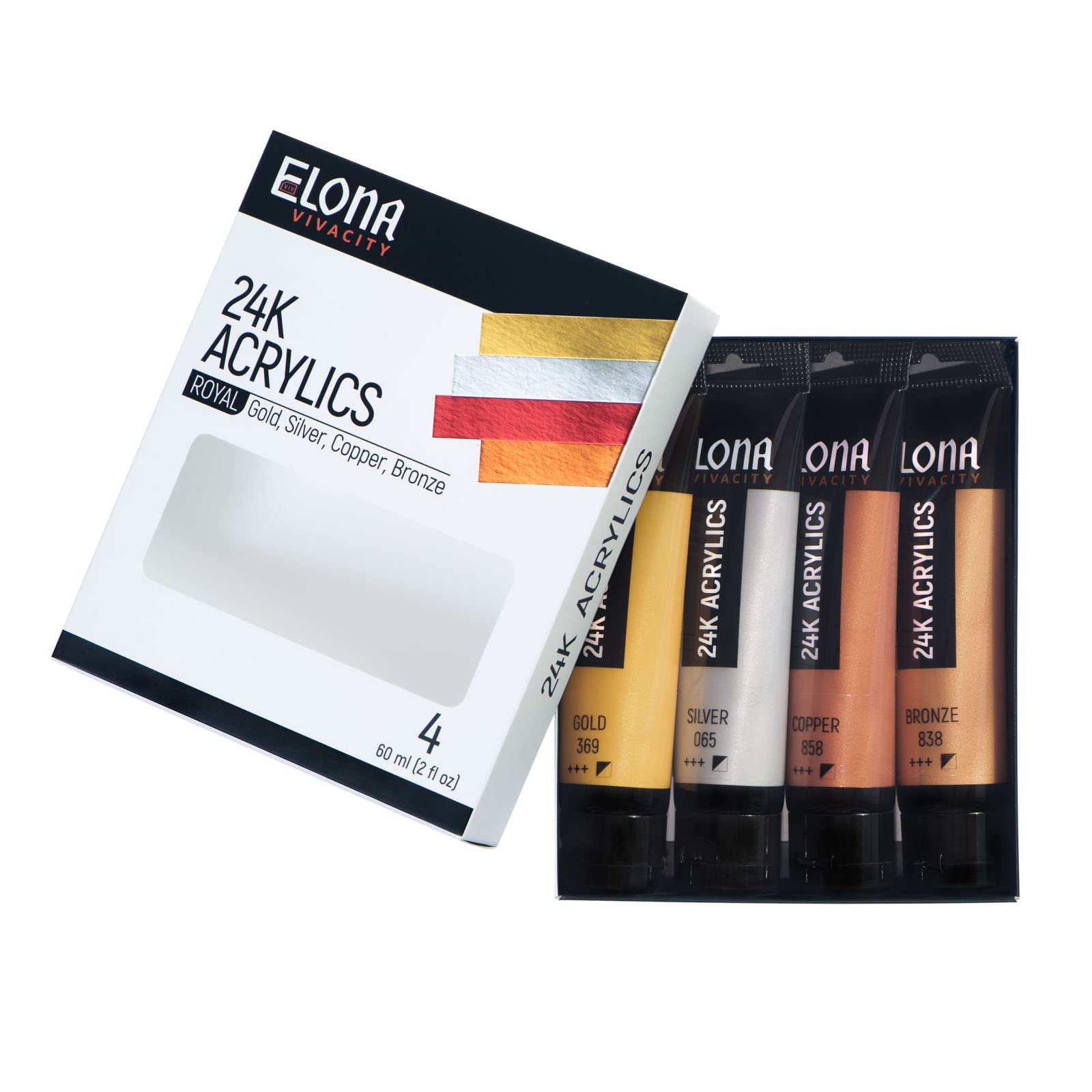 Elona Vivacity 24K Acrylic Royal Paint Set, 4 Metallic Colors (Gold, Silver, Copper, Bronze) x 60ml (2 fl oz) tubes, Artist Quality, Great on Canvas, Paper, Wood, Stone