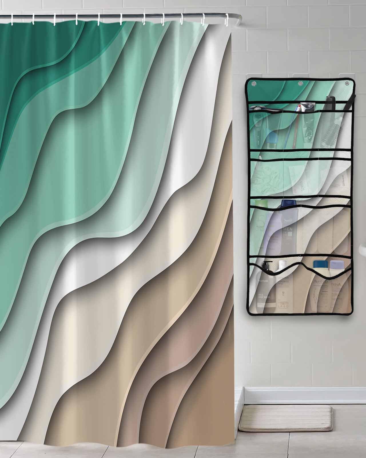 Shower Curtain Mesh Shower Organizer Hanging Set Abstract Geometric Green Brown Gradient Waves Beach Waterproof Shower Curtains with