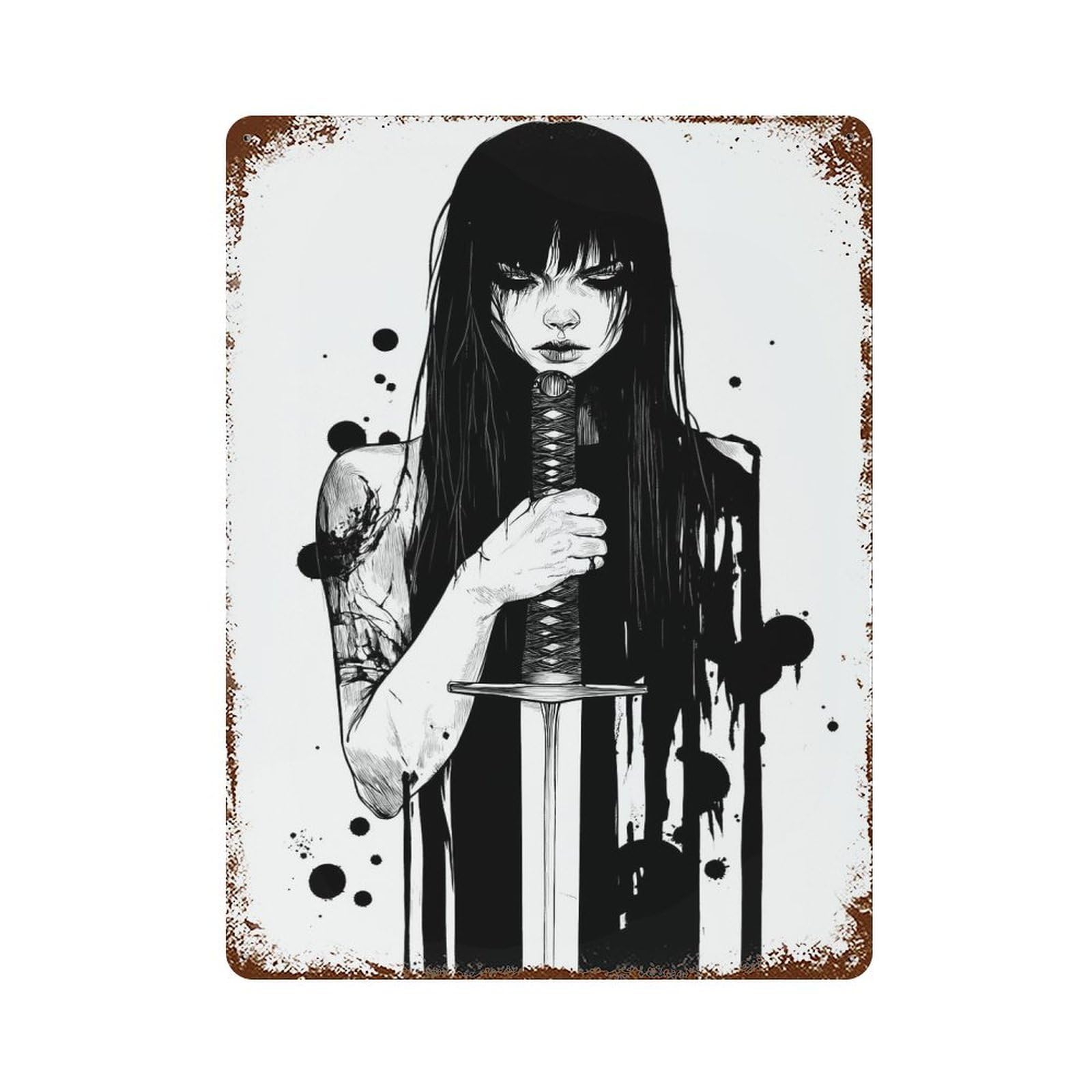 Dark Demon Anime Girl with Sword 15.7"x11.8" Decorative Tin Sign, Classic Wall Plaque for Cafe, Home Bar And Lounge Decor