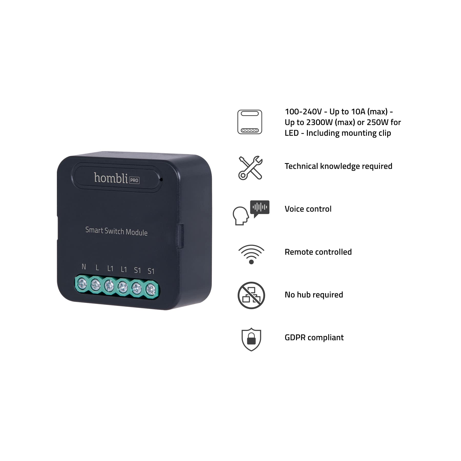 Hombli Smart Switch Module | Retrofit Wifi schakelaar voor enkele wandschakelaar of