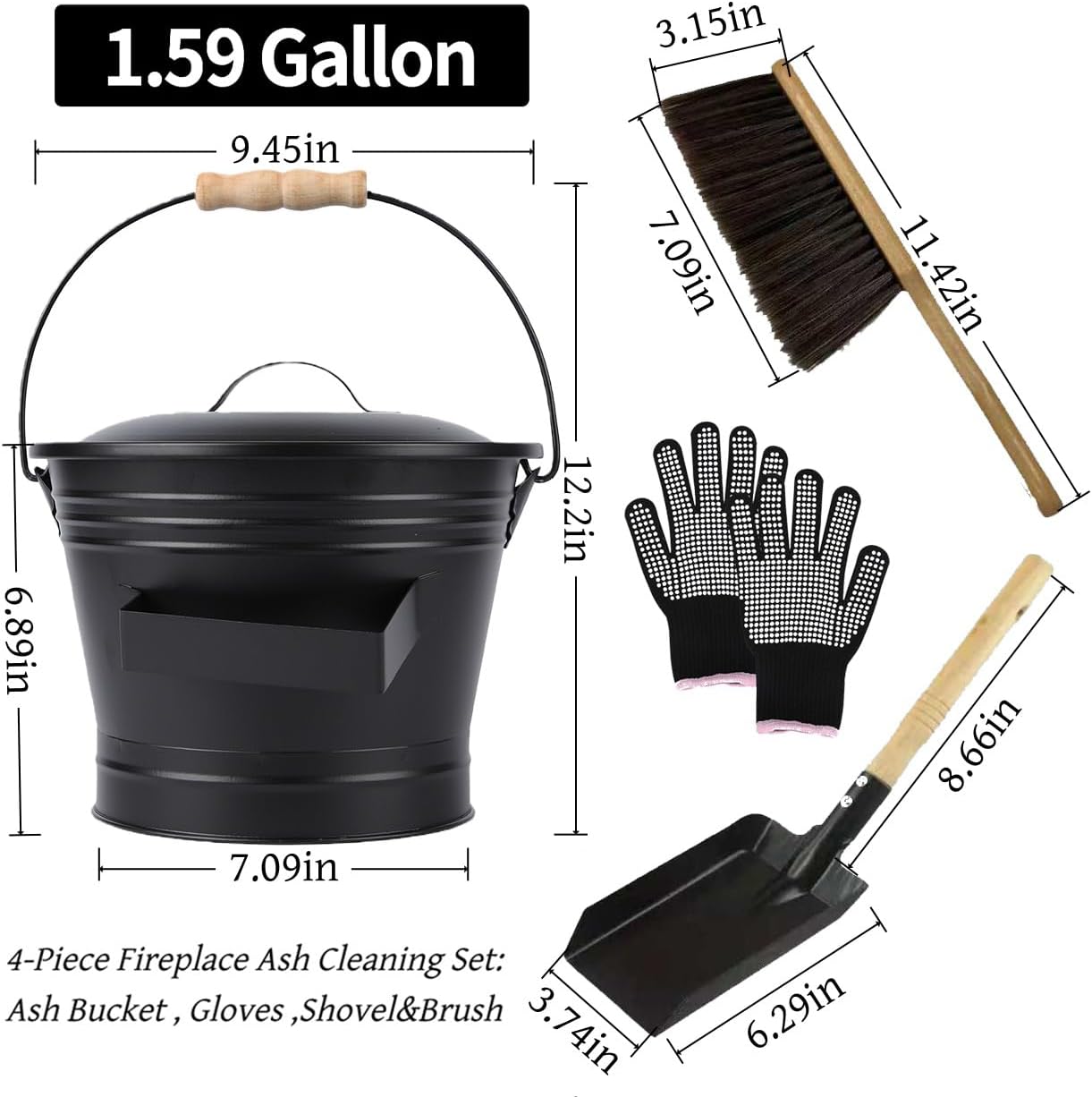 4-Piece Stove and Fireplace Cleaning Kit: Ash Bucket, Brush, Gloves, Trowel Tools Set - Fireplace Tools & Accessories