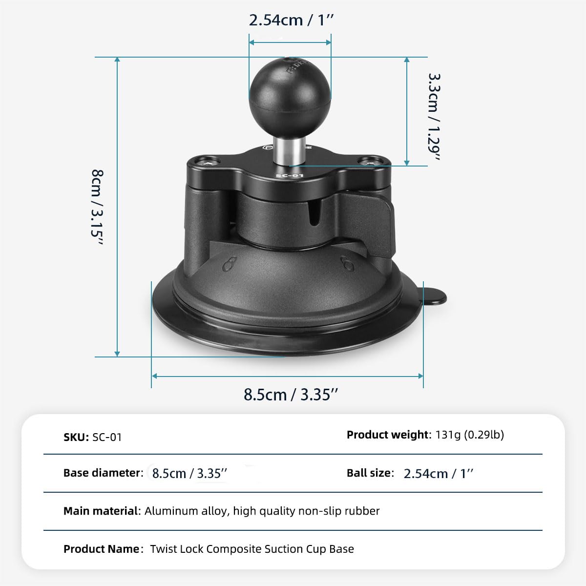 FANAUE Ventouse de Voiture avec Adaptateur de Boule d'un Pouce Compatible avec Les Bras à Double Prise RAM MOUNTS, pour Montage sur Le Pare-Brise de la Voiture.