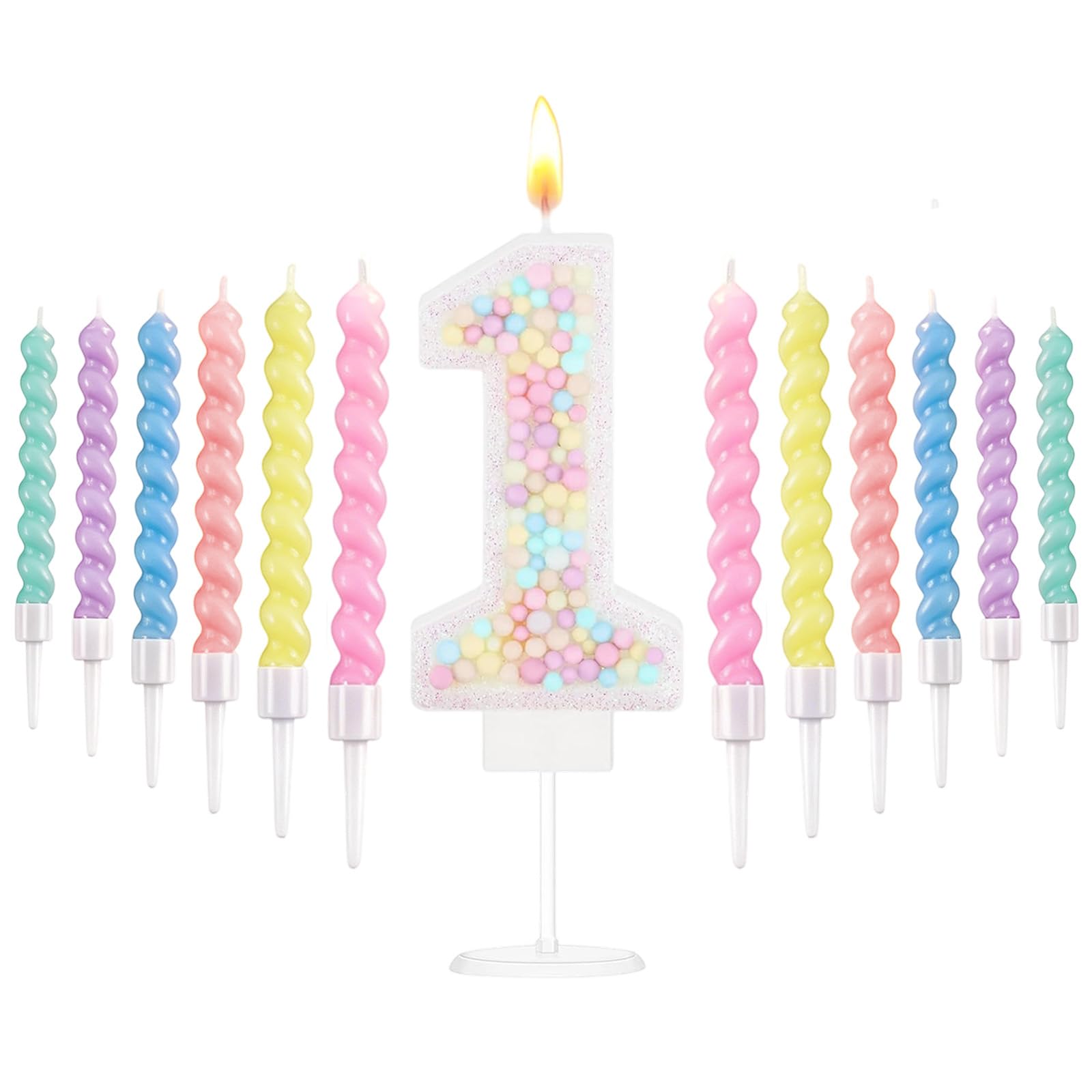 White Macaron 1st Birthday Candles Set, Number 1 Birthday Candle with 12pcs Spiral Candles for Girls Boy 1st Birthday Decorations, Rainbow Cake Topper for Party Decoration, Baby Showers Supplies