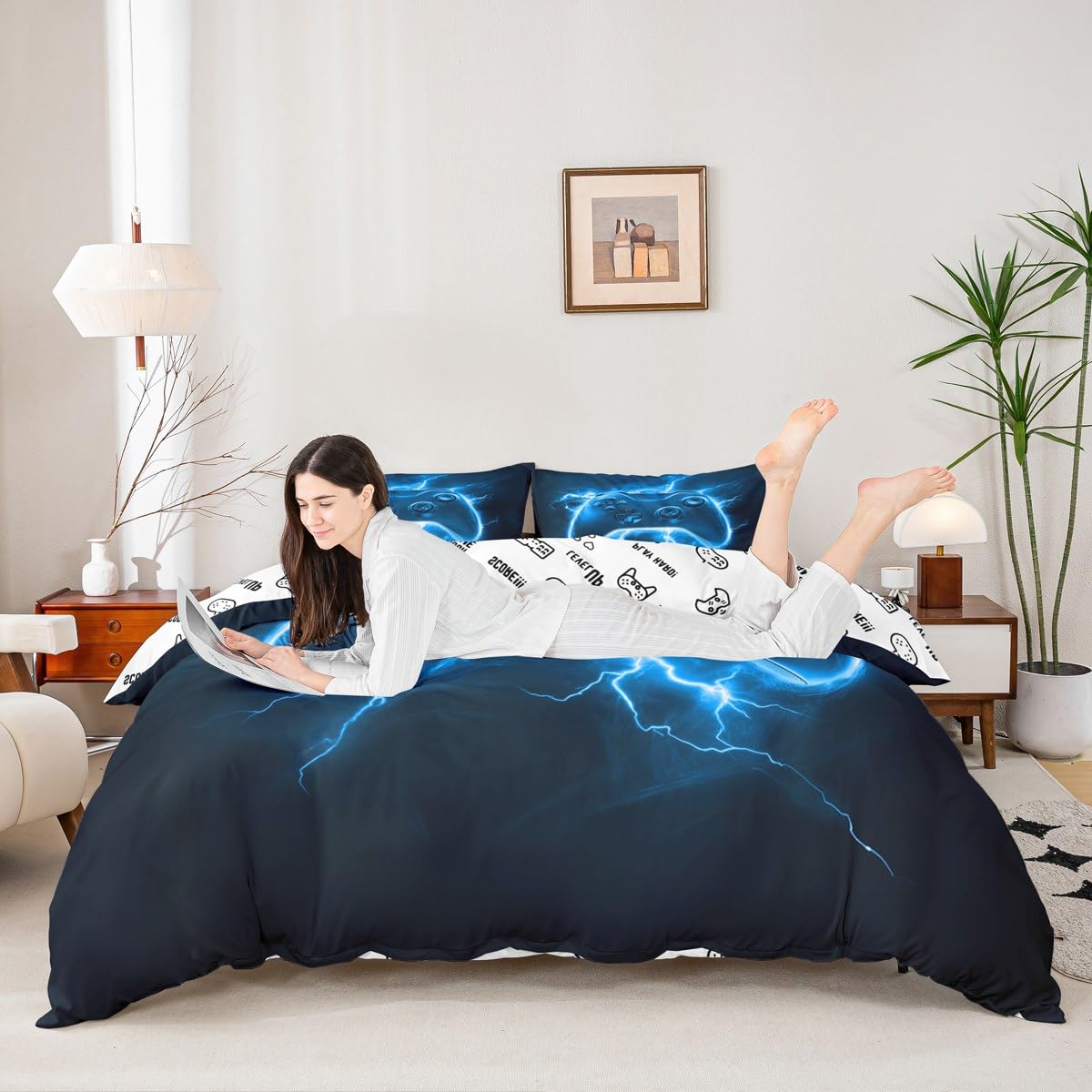 Manfei Juego de funda de edredón azul Super King, juego de ropa de cama moderno de 3 piezas, funda de edredón con diseño de mando de videojuegos, decoración de habitación de niños y adolescentes