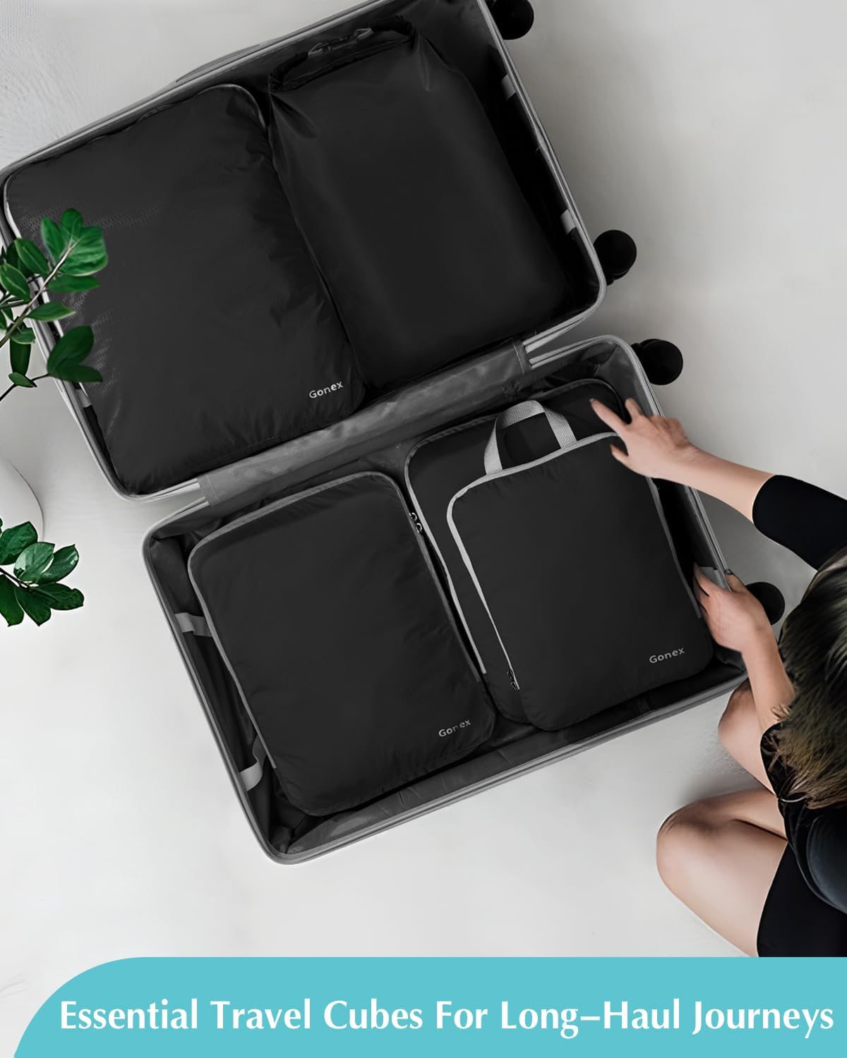 Gonex Compression Packing Cubes, Expandable Storage Travel Luggage Bags Organizers with Laundry Bag (Black) - Image 9