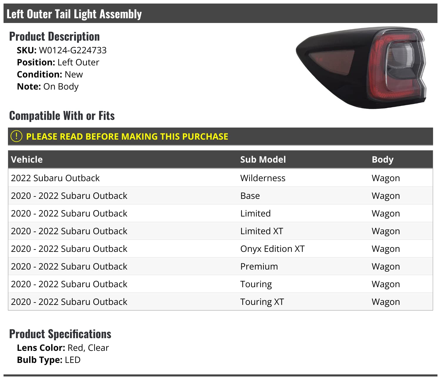 Amazon.com: Marketplace Auto Parts Left Driver Side Outer LED Tail