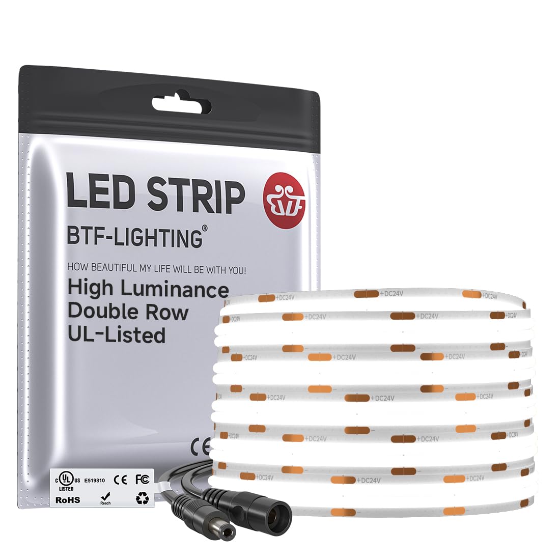 BTF-LIGHTING COB LED Strip Light Dual Row FCOB 24V 5m 960LEDs/m Cool White