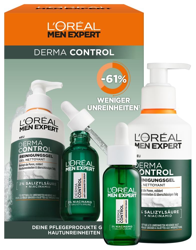 L'Oréal Men Expert Zestaw do pielęgnacji przeciwtrądzikowej dla mężczyzn, zestaw upominkowy z żelem do mycia i serum do zanieczyszczonej skóry, prezent dla mężczyzn z kwasem salicylowym i niacynamidem