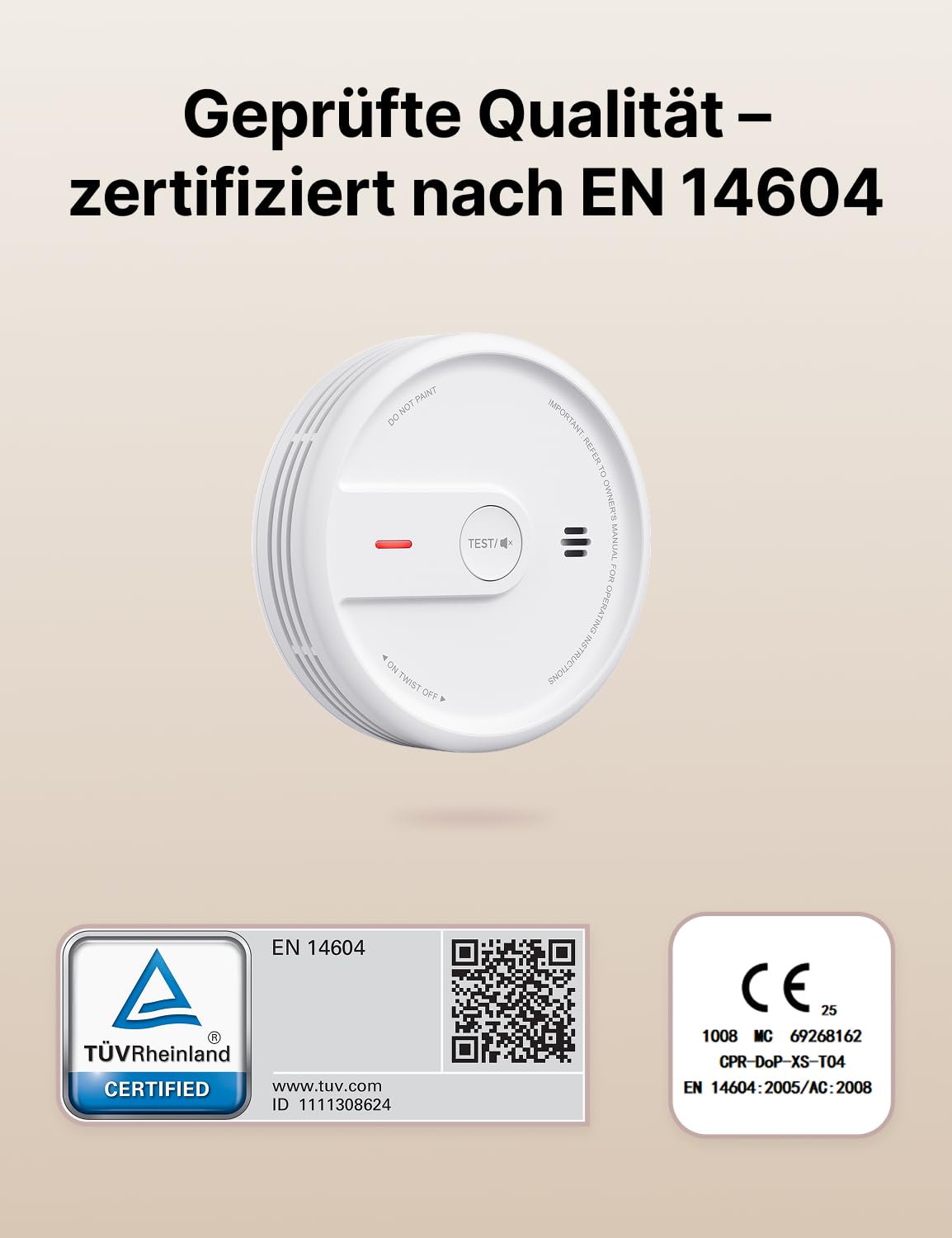 X-Sense Smart WLAN-Rauchmelder, Zertifiziert nach EN 14604, Nachtmodus, 10 Jahre Produktlebensdauer, austauschbare Batterie, App-Funktion, XS0E-iR, 1 Stück