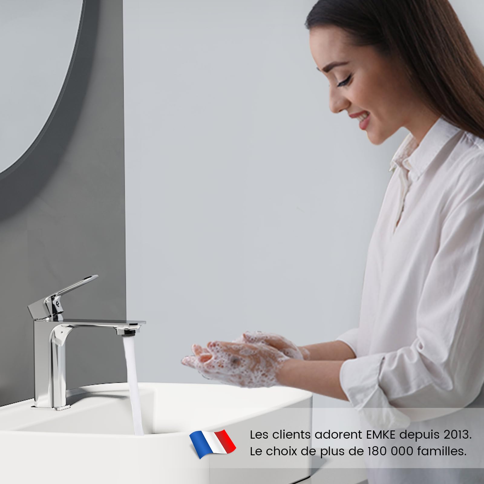 EMKE Grifo de Baño, 166x152x45 mm, Cuerpo de Latón, Mezclador para Lavabo, Grifo de Cocina con Aireador, Cartucho Cerámico, Acabado Cromado, Instalación Fácil