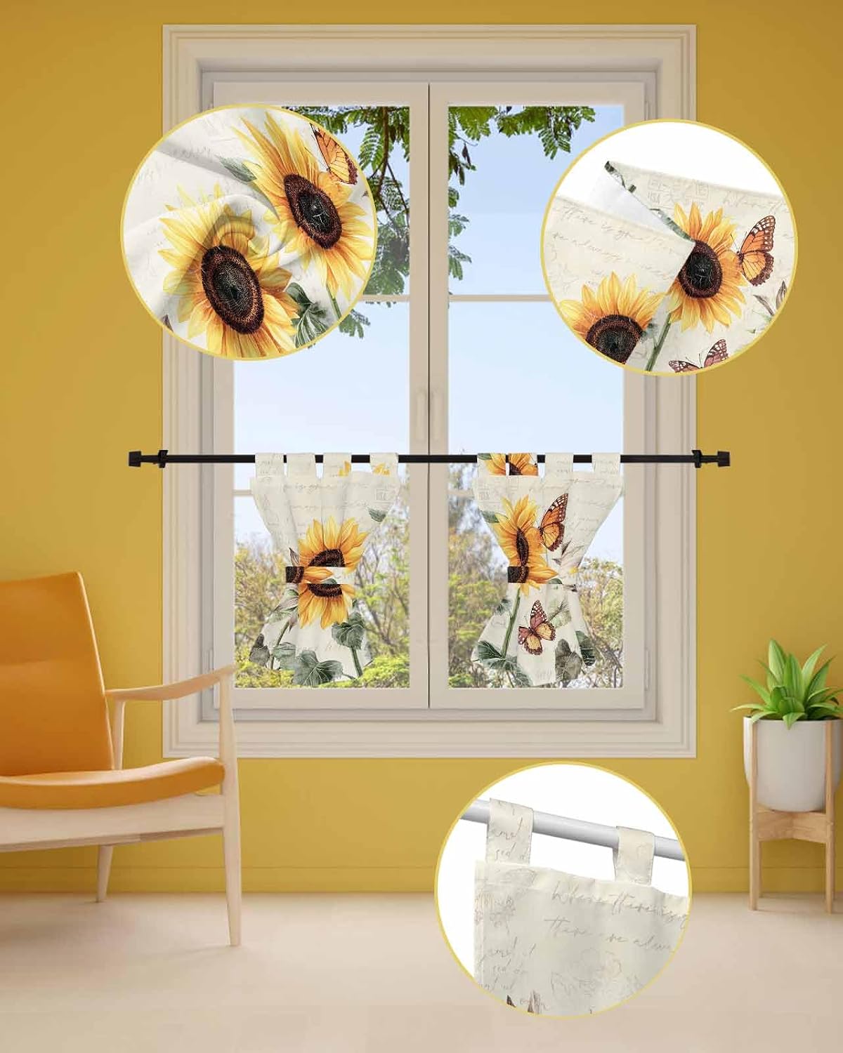 Sunflowers Kitchen Curtains 24 Inch Length, Farmhouse Yellow Flowers Small Window Curtains Tab Top, Floral Butterfly Light Filtering Short Window Treatments Tier Drapes 27.5"x24" 2 Panel